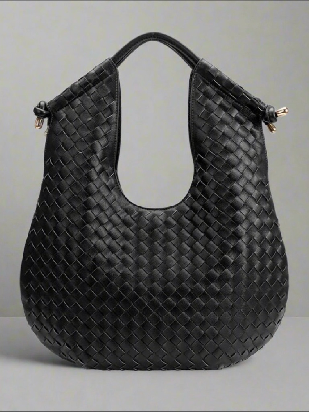 Designer Inspired Woven Leather Hobo Bag - Black